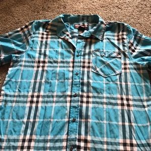Blac lacque plaid aqua blue checked button down